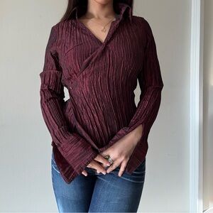 90s Burgundy Pleated Wrap Blouse Flared Sleeves Vintage